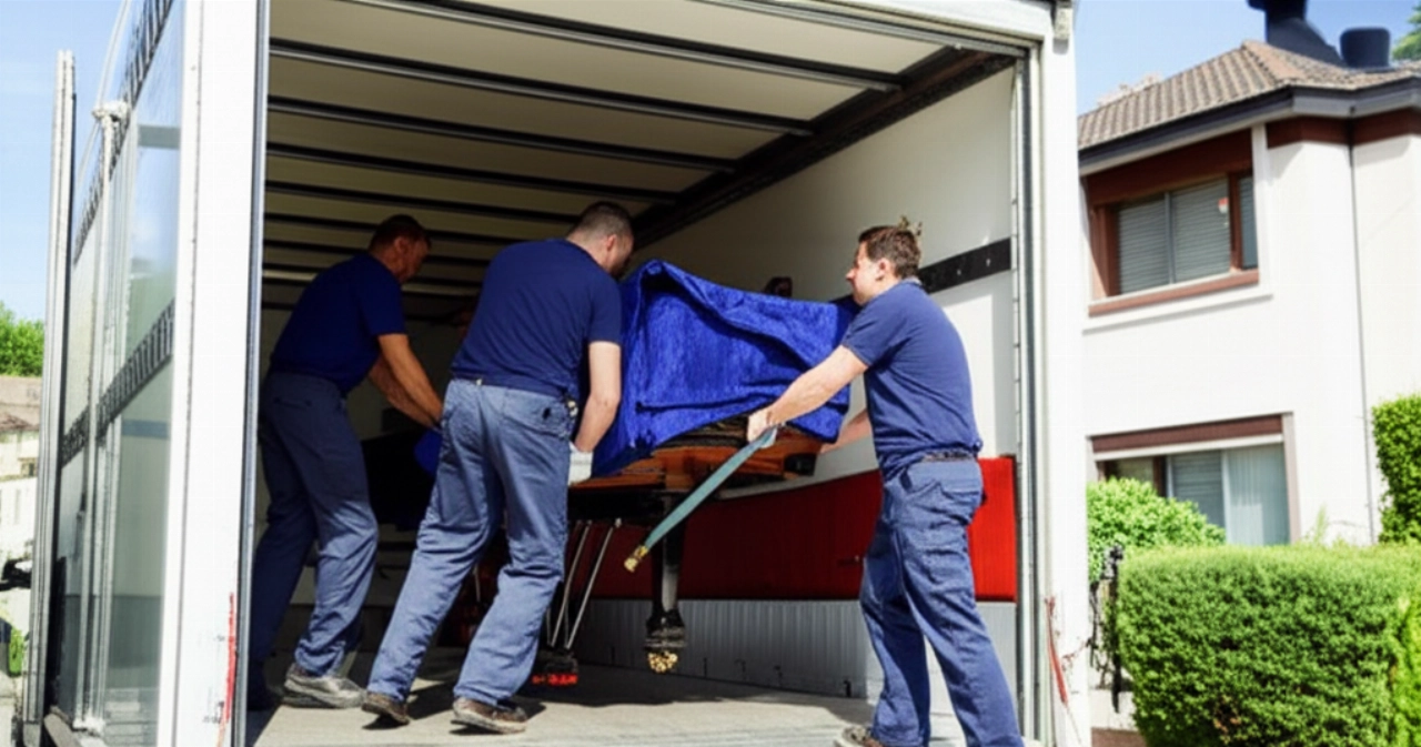 Deux déménageurs professionnels caucasiens chargent avec attention un piano à queue sur un camion spécialisé via une rampe.