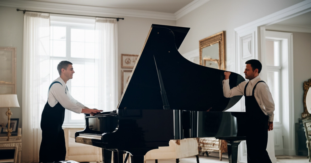 Un piano à queue noir brillant parfaitement positionné dans un salon élégant, avec un déménageur professionnel caucasien qui en admire l'agencement.