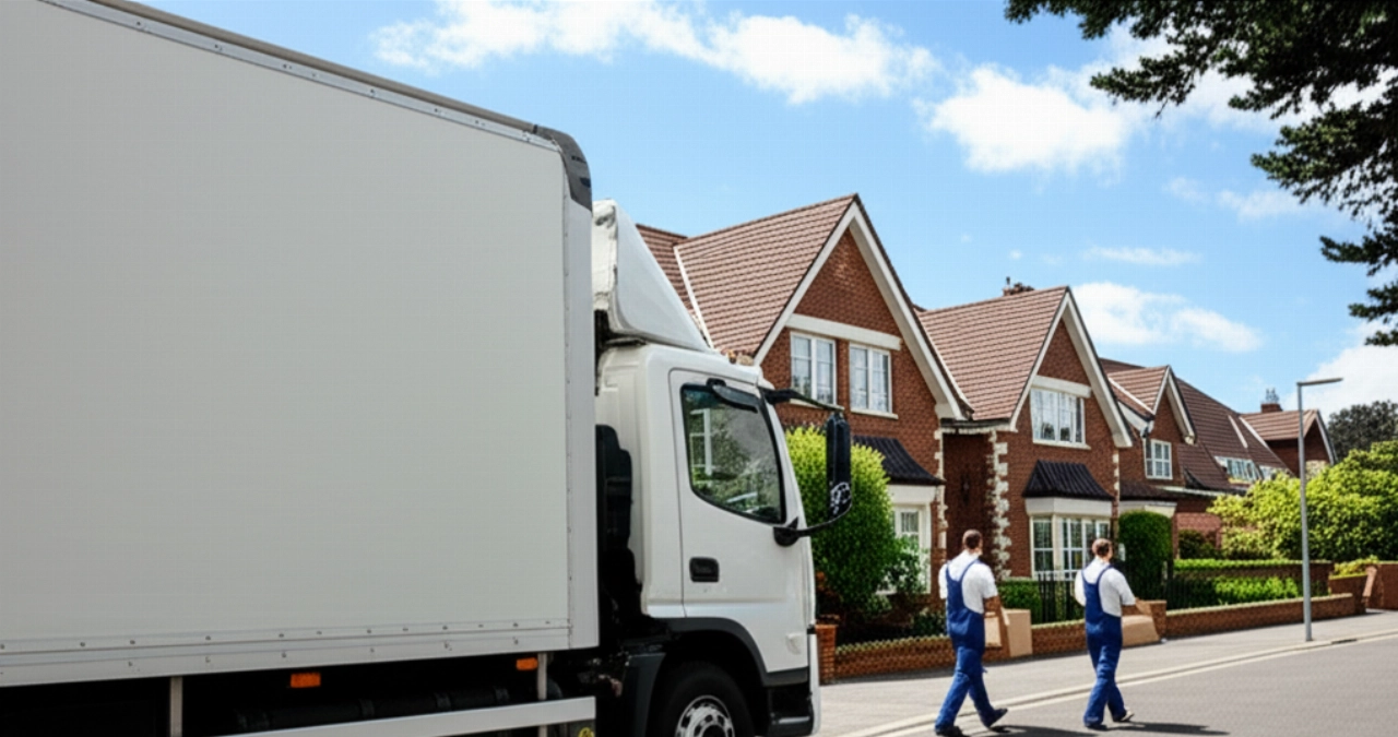 Un grand camion de déménagement moderne et propre garé devant une maison, avec deux déménageurs caucasiens qui s'approchent, sous la lumière du soleil.