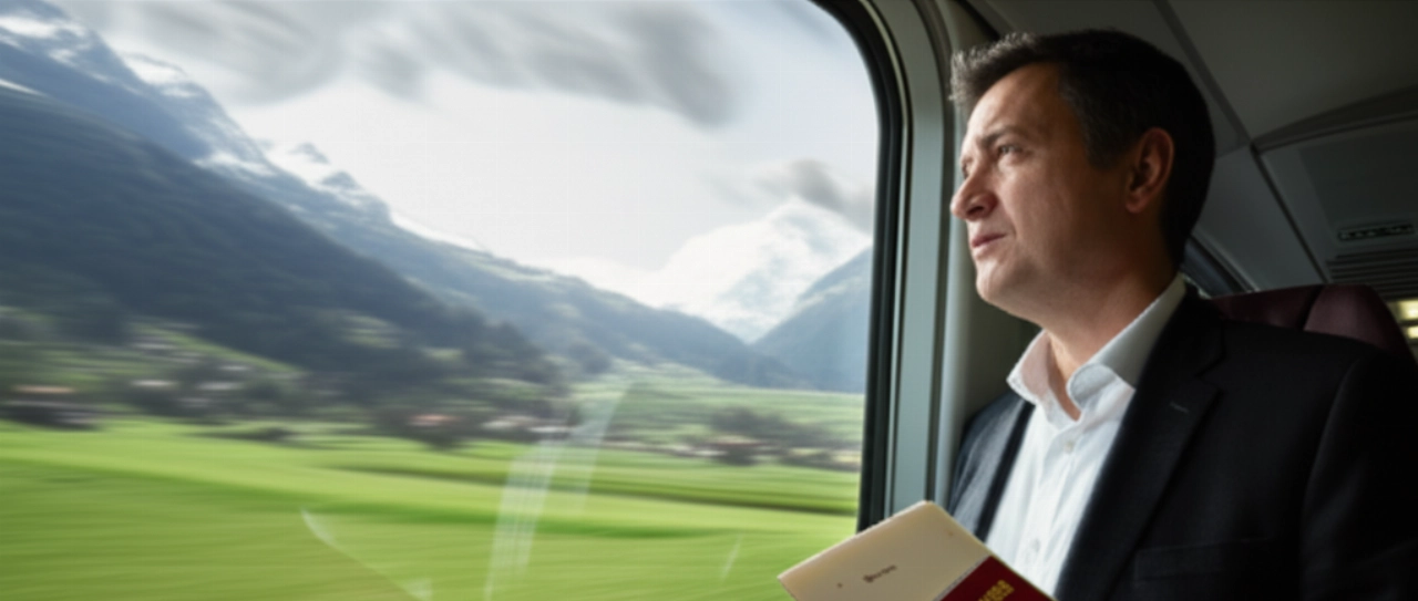 Homme caucasien dans un train avec des documents de voyage, observant le paysage changer des Alpes suisses à la campagne italienne.