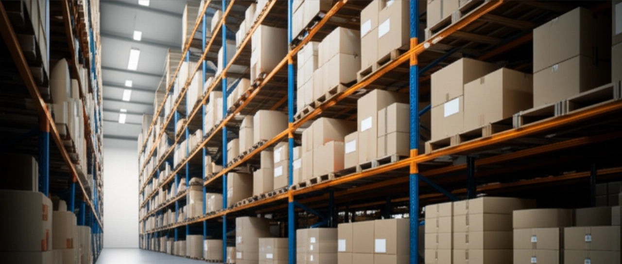 Une large allée d'entrepôt avec des piles ordonnées de cartons de différentes tailles sur des rayonnages industriels.