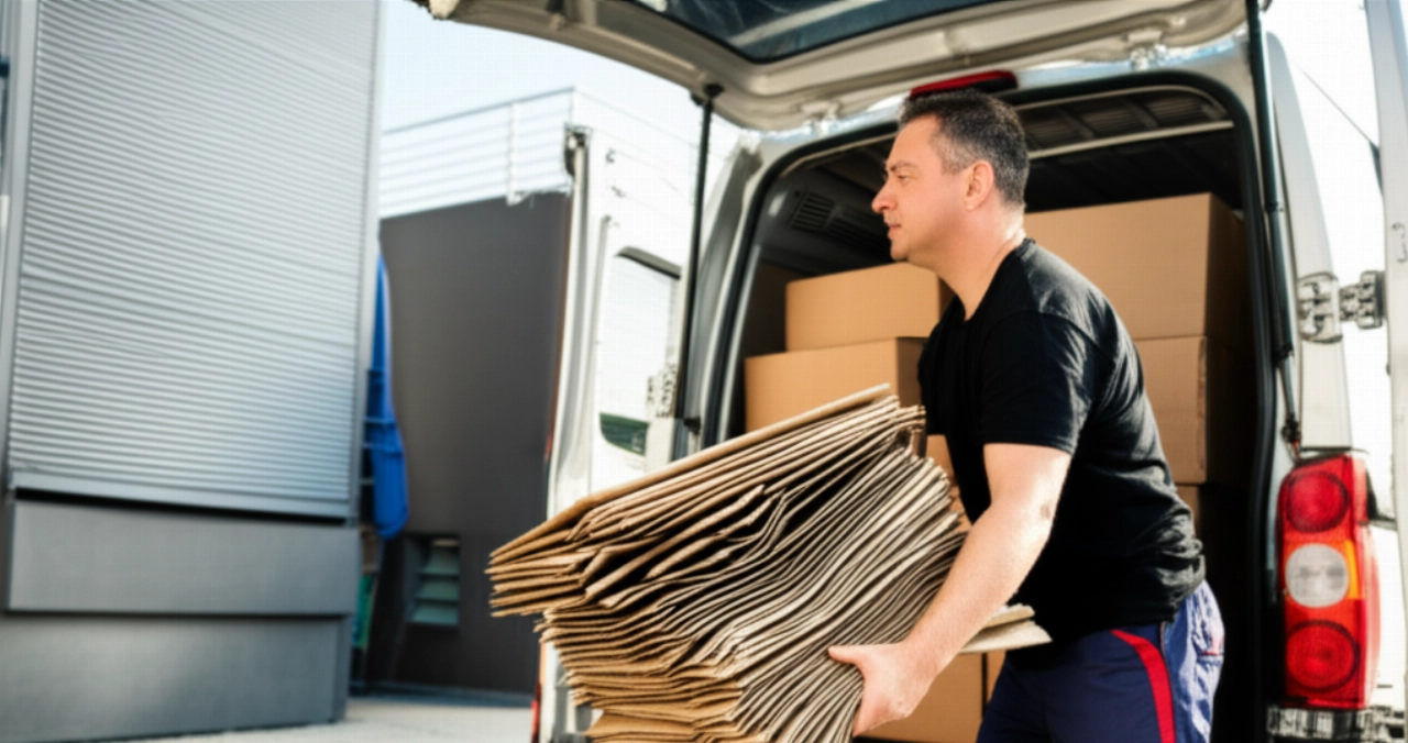 Un homme caucasien charge des piles de cartons propres et aplatis à l'arrière d'une camionnette, près d'un centre de recyclage ou d'un supermarché.