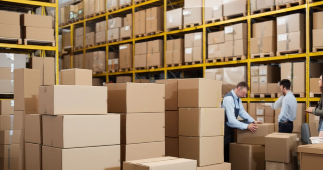 Large sélection de cartons de déménagement propres et empilés dans une quincaillerie ou un magasin de fournitures de déménagement.