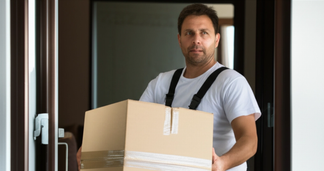 Déménageur professionnel caucasien transportant soigneusement une boîte dans une maison.