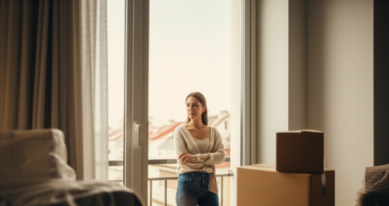 Femme caucasienne sereine regardant par la fenêtre dans sa nouvelle maison après un déménagement.