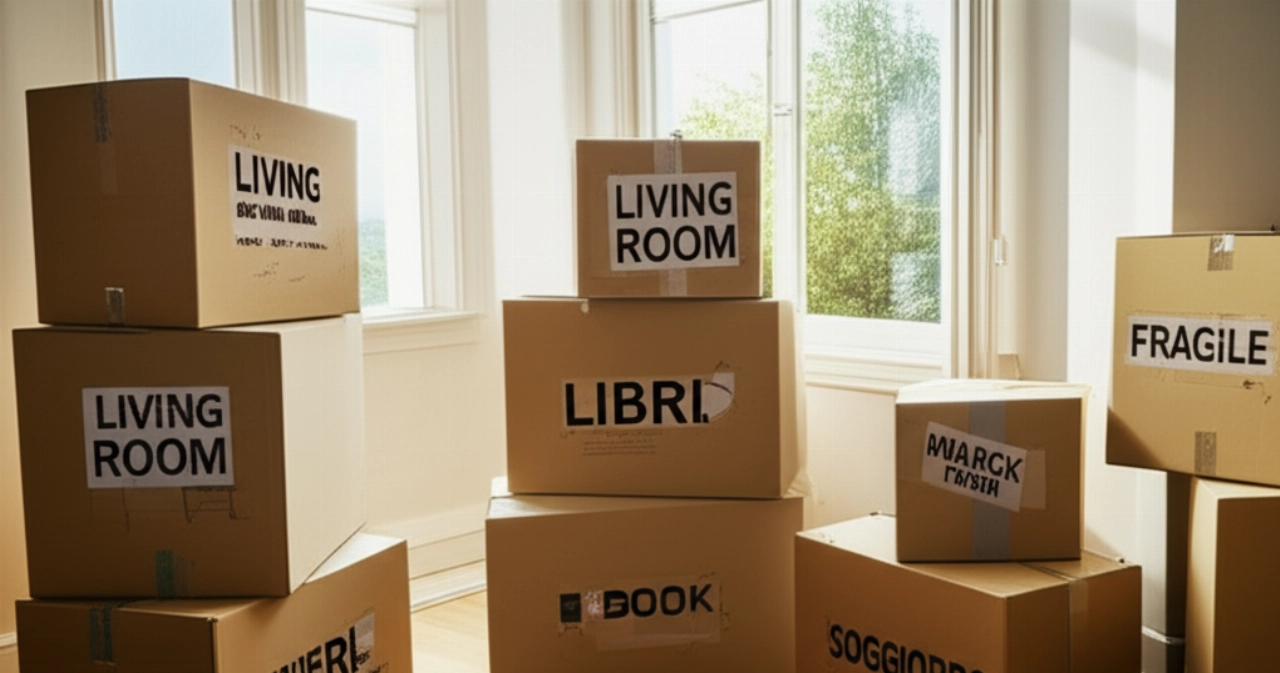 Piles ordonnées de cartons de déménagement étiquetés dans un salon moderne lumineux, éclairé par la lumière naturelle.