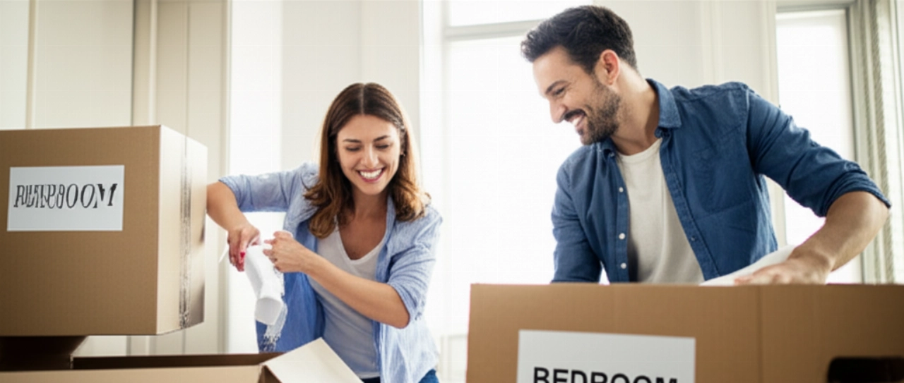 Heureux couple caucasien déballant facilement des objets de cartons de déménagement clairement étiquetés dans une nouvelle maison ensoleillée.