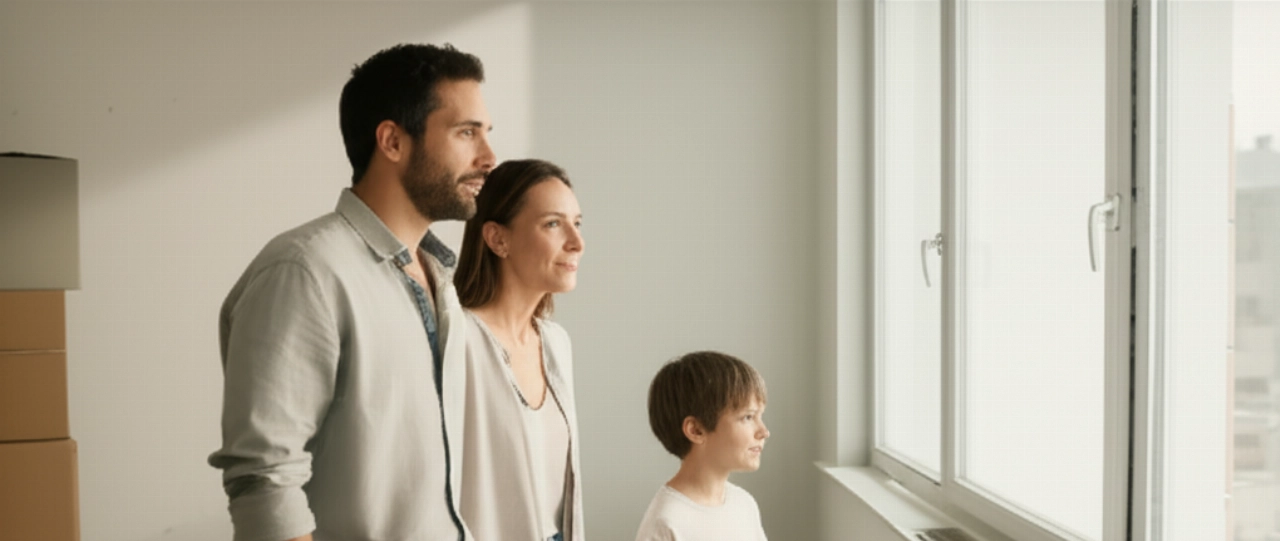 Une famille caucasienne heureuse et optimiste dans un nouveau salon lumineux, avec peu de cartons de déménagement, symbolisant un nouveau départ.