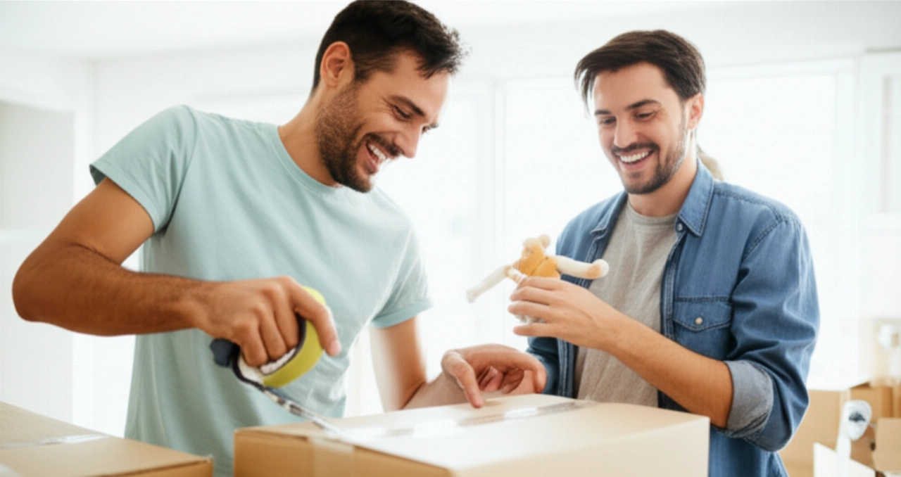Couple caucasien riant et collaborant en emballant des cartons, transformant le stress du déménagement en une activité joyeuse.