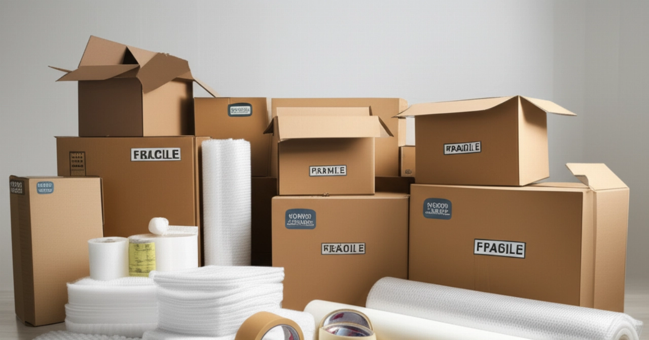 Un assortiment bien organisé de cartons, de papier bulle, de ruban adhésif et d'autres matériaux d'emballage pour déménagement.