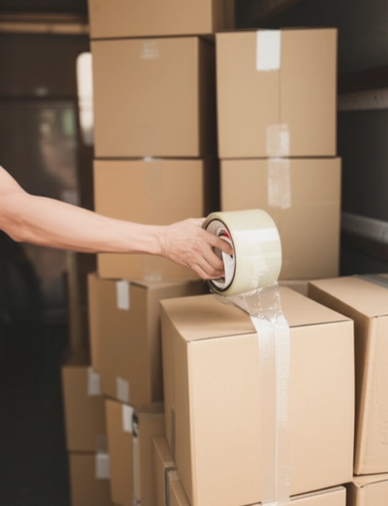Des piles de cartons de déménagement soigneusement empilés et étiquetés, avec une main caucasienne appliquant du ruban adhésif.