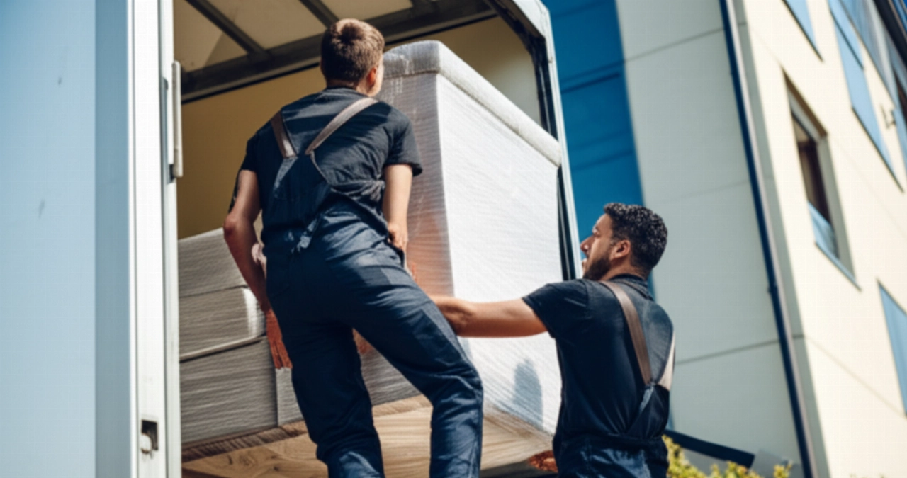Deux déménageurs professionnels caucasiens chargent un meuble volumineux sur un camion de déménagement moderne.