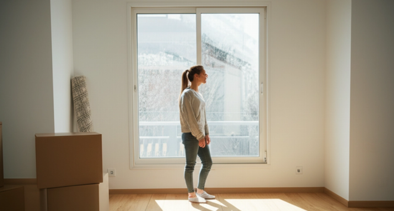 Jeune femme caucasienne sereine dans un salon lumineux et vide de sa nouvelle maison, avec des cartons de déménagement, reflétant la facilité du déménagement.