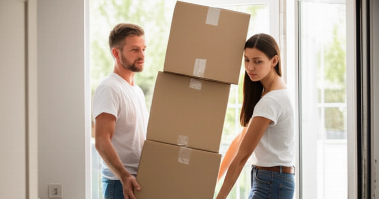 Deux personnes caucasiennes transportant une pile de cartons de déménagement à travers une porte.