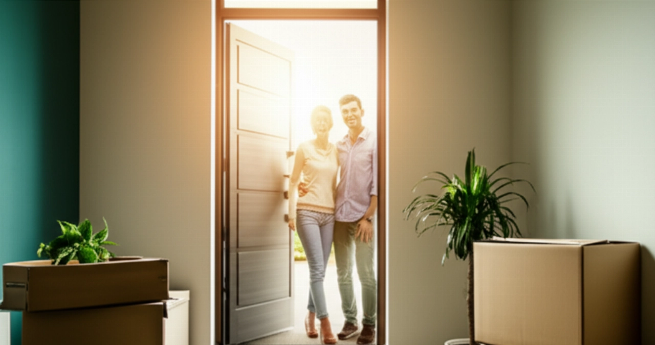 Une entrée accueillante et ensoleillée d'une nouvelle maison, avec quelques cartons de déménagement et un couple caucasien souriant qui regarde vers l'avenir. L'image évoque de nouveaux départs et une transition en douceur.