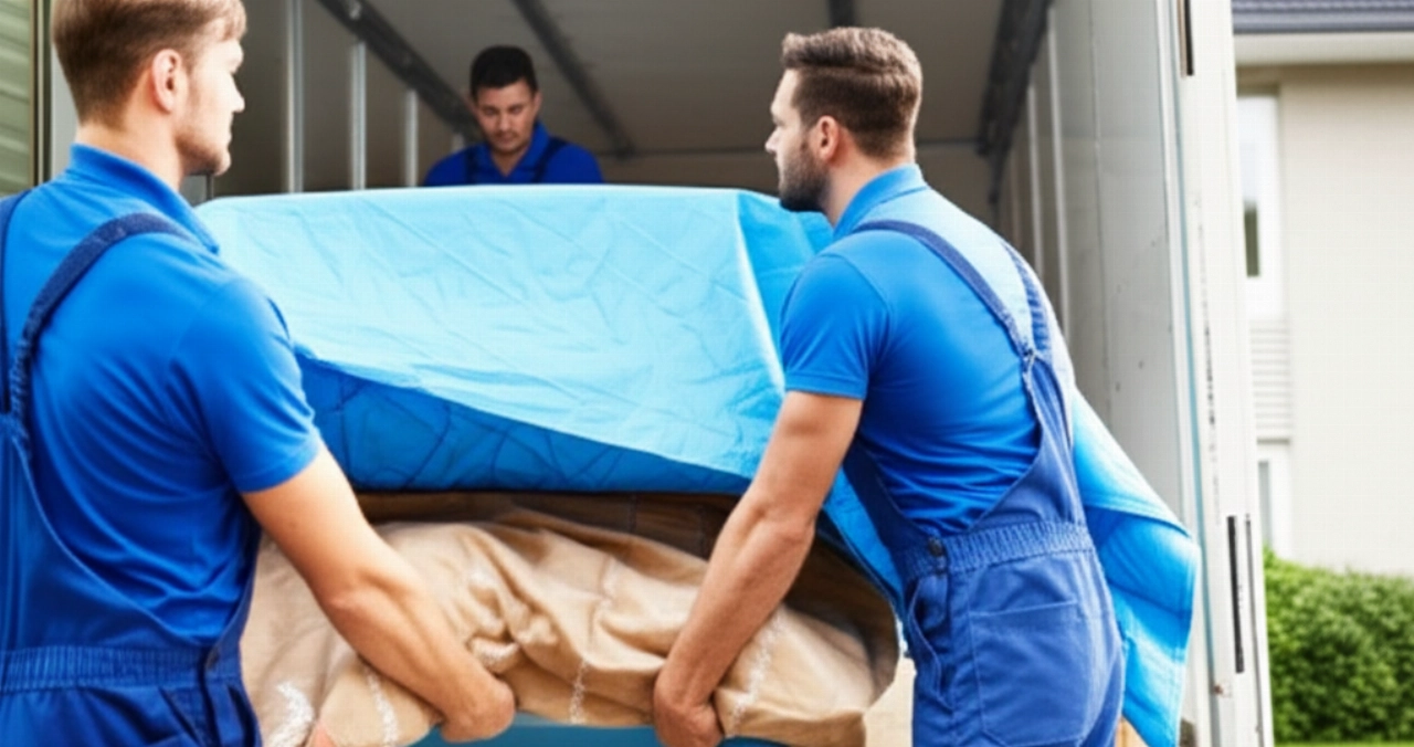 Un camion de déménagement moderne et propre garé devant une maison, avec deux déménageurs caucasiens professionnels qui fixent soigneusement un meuble. L'image met en évidence la précision et la fiabilité.
