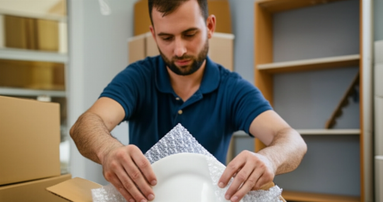 Homme caucasien emballant soigneusement une assiette dans un carton de déménagement.