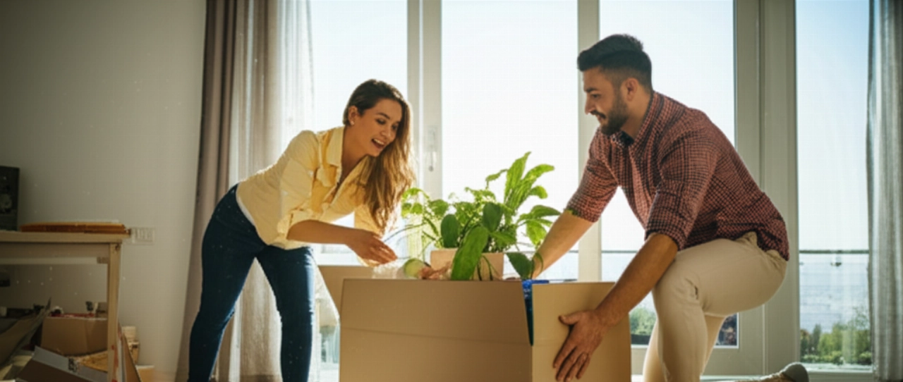Couple caucasien heureux déballant une plante dans un nouveau salon lumineux.