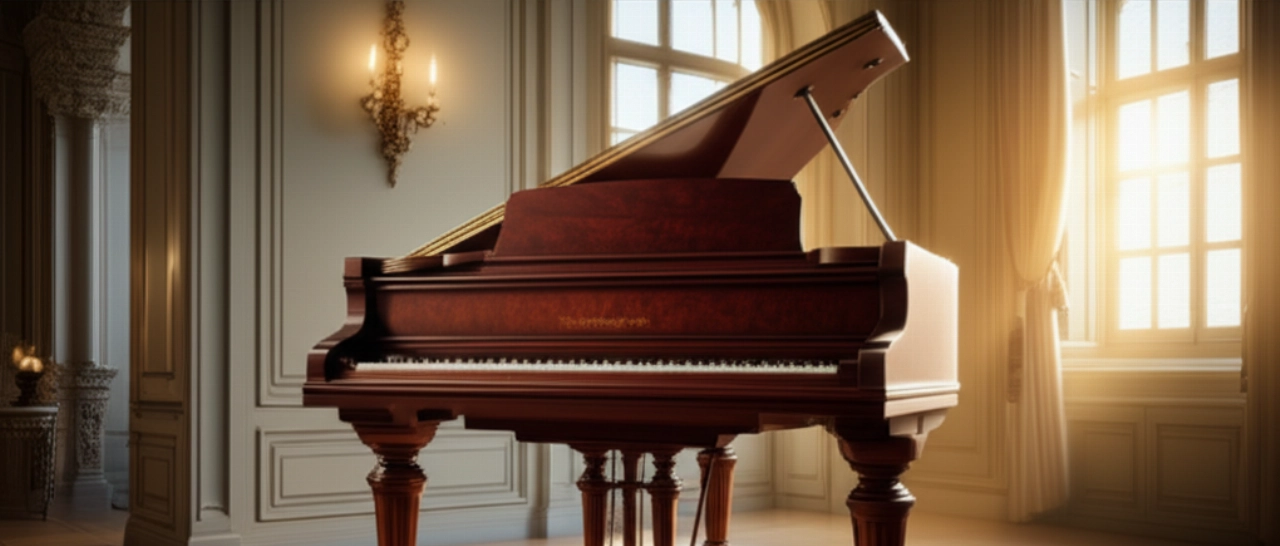 Un imposant piano droit ancien en acajou foncé dans un salon classique, soulignant sa présence solide et lourde.