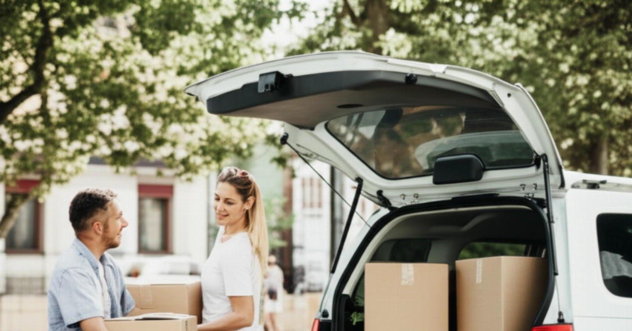 Un couple caucasien souriant charge des cartons dans une camionnette dans une rue de la ville, représentant un petit déménagement efficace.