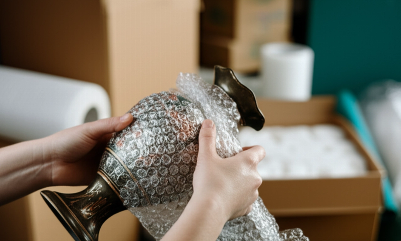 Des mains caucasiennes enveloppent soigneusement un vase fragile dans du papier bulle, soulignant la délicatesse et l'attention lors des petits déménagements.