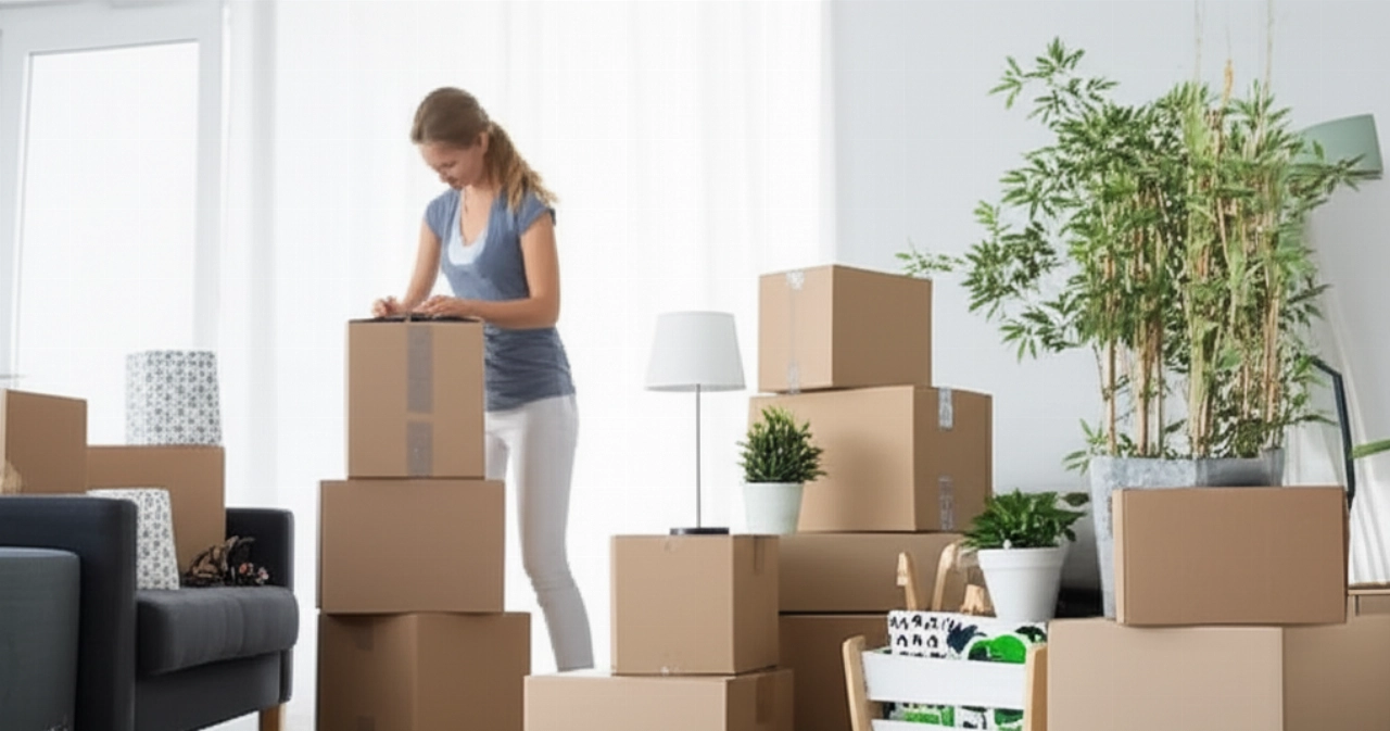 Cartons de déménagement et objets ménagers bien organisés dans un salon lumineux, avec une femme caucasienne souriante en arrière-plan, représentant un petit déménagement efficace.