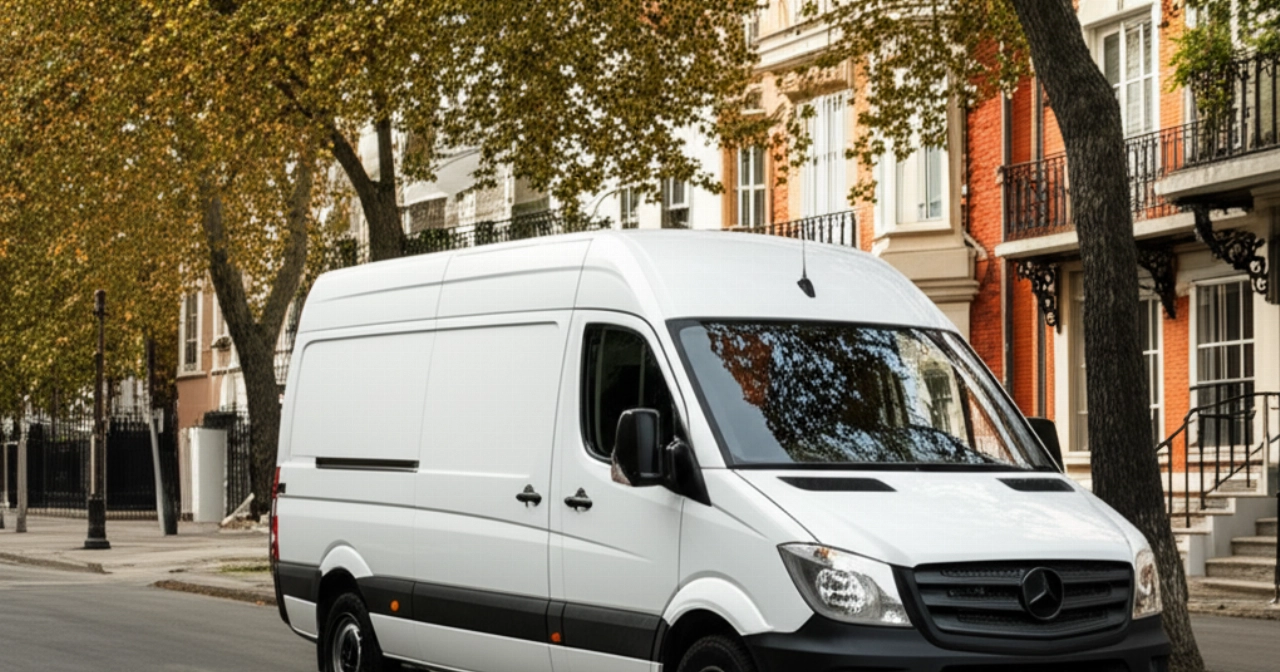 Fourgon blanc moderne et compact garé dans une rue urbaine tranquille, symbolisant un service de petits déménagements efficace et accessible.