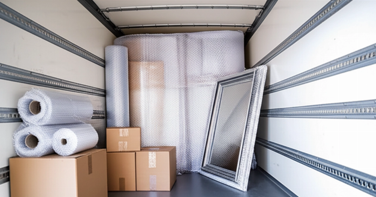 Intérieur d'un camion de déménagement ou d'un entrepôt, avec des cartons et des objets emballés dans du papier bulle.