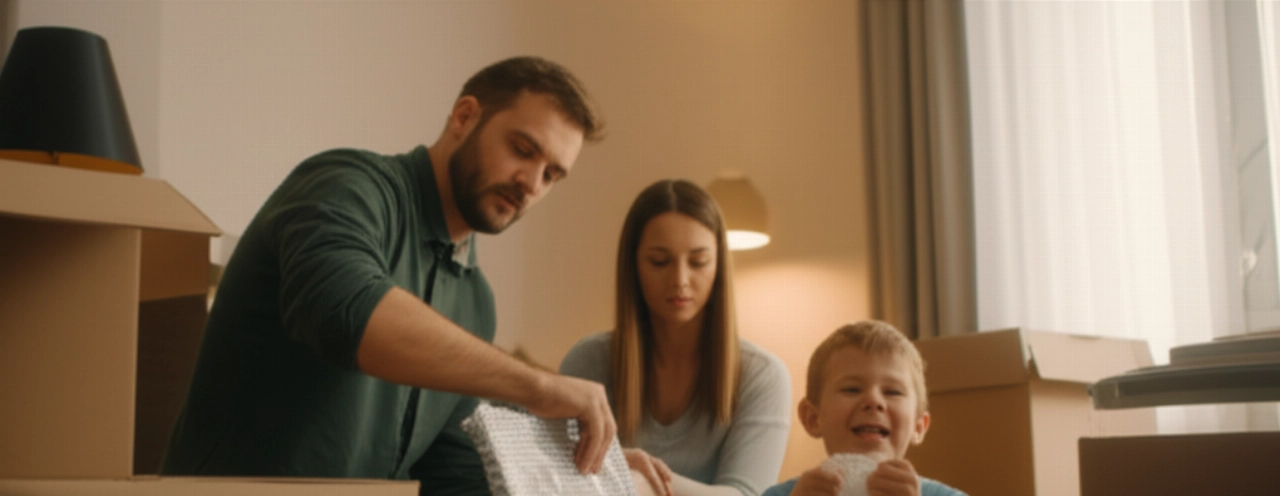 Une famille caucasienne emballe des objets avec du papier bulle lors d'un déménagement, l'enfant jouant avec les bulles.