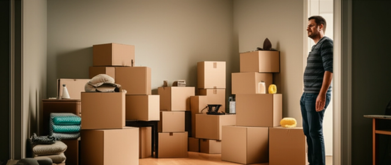 Homme caucasien observe avec satisfaction une pile de cartons de déménagement étiquetés dans une pièce presque vide.