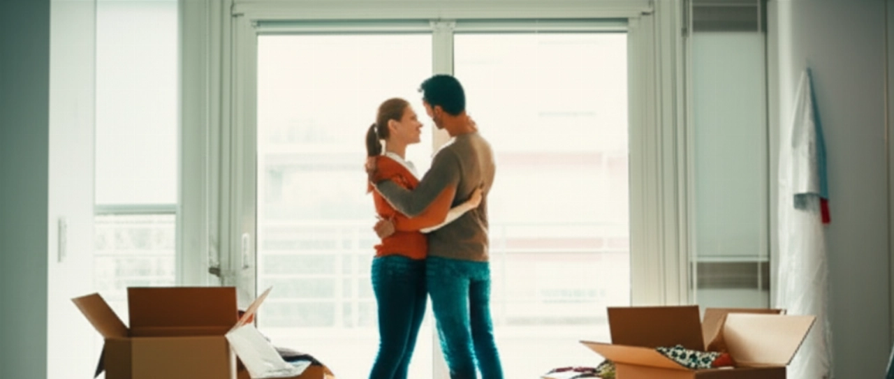 Jeune couple caucasien heureux et détendu dans leur nouvel appartement, avec des cartons de déménagement bien rangés, symbolisant un déménagement sans stress.