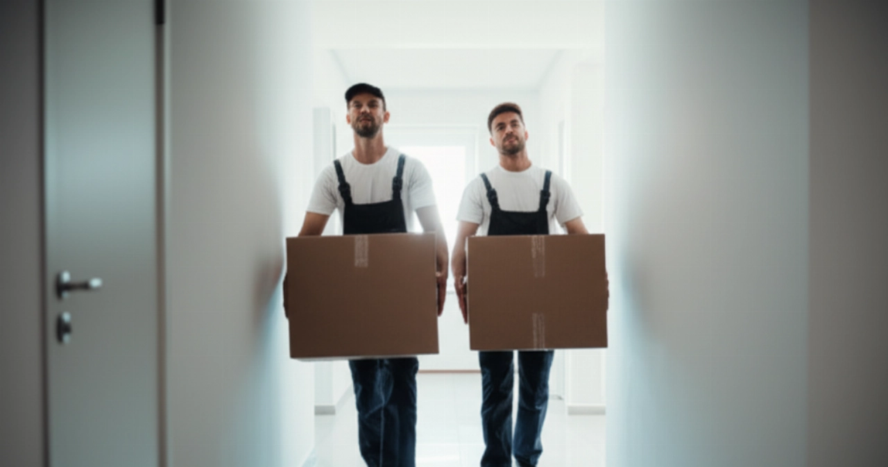 Deux déménageurs professionnels caucasiens transportant soigneusement une boîte dans le couloir d'un appartement moderne, symbolisant l'efficacité et l'attention.