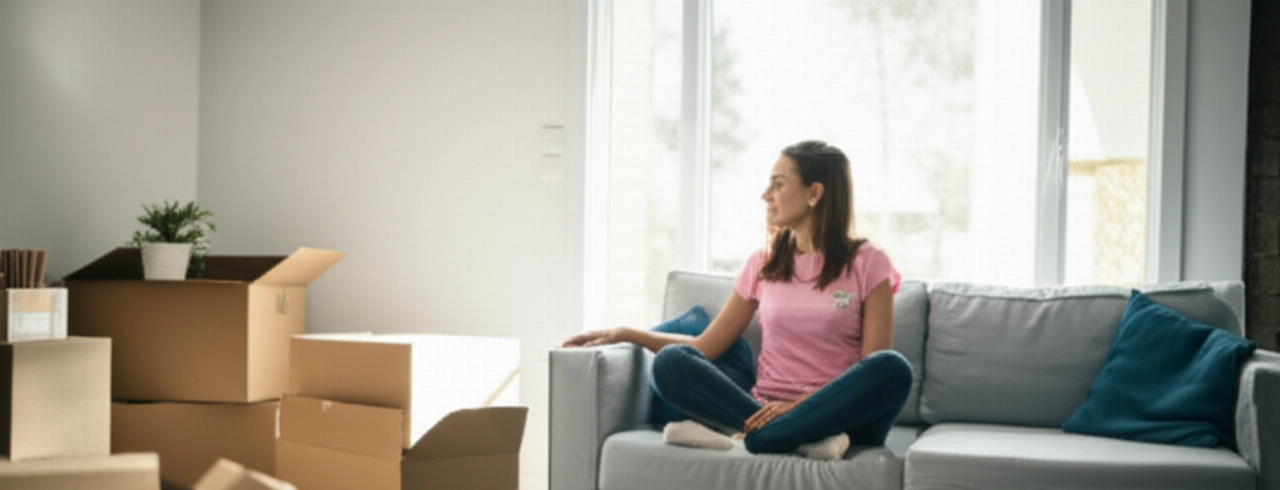 Femme caucasienne souriante et détendue sur le canapé dans son nouveau salon ensoleillé, avec quelques cartons de déménagement, symbolisant un nouveau départ sans stress.
