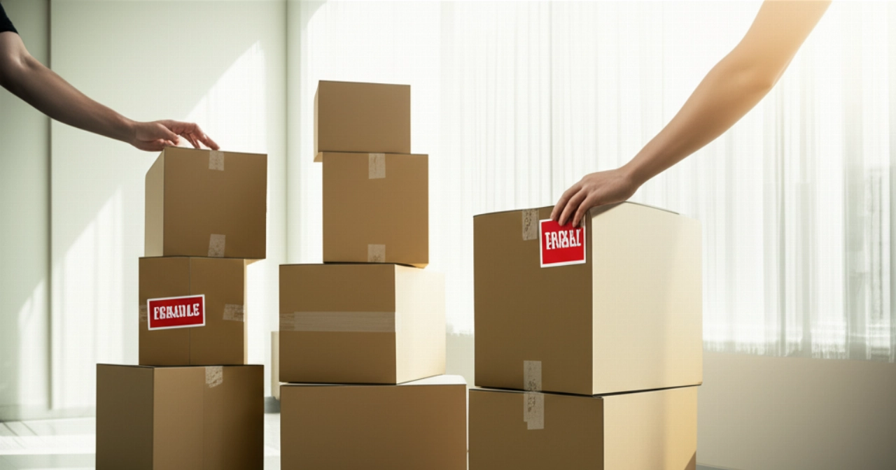 Cartons de déménagement organisés et étiquetés dans un salon moderne et lumineux.
