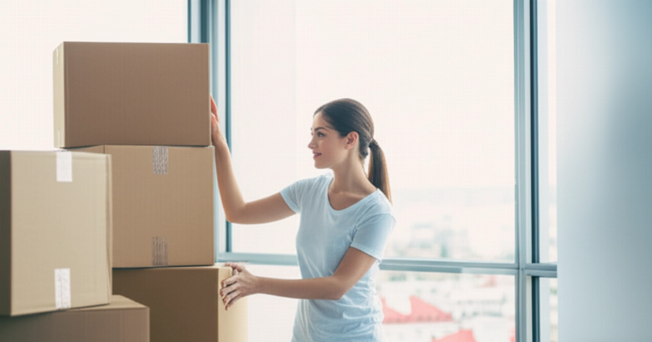 Femme caucasienne sereine dans une pièce lumineuse avec des cartons de déménagement, symbolisant la planification facile d'un déménagement en ligne.