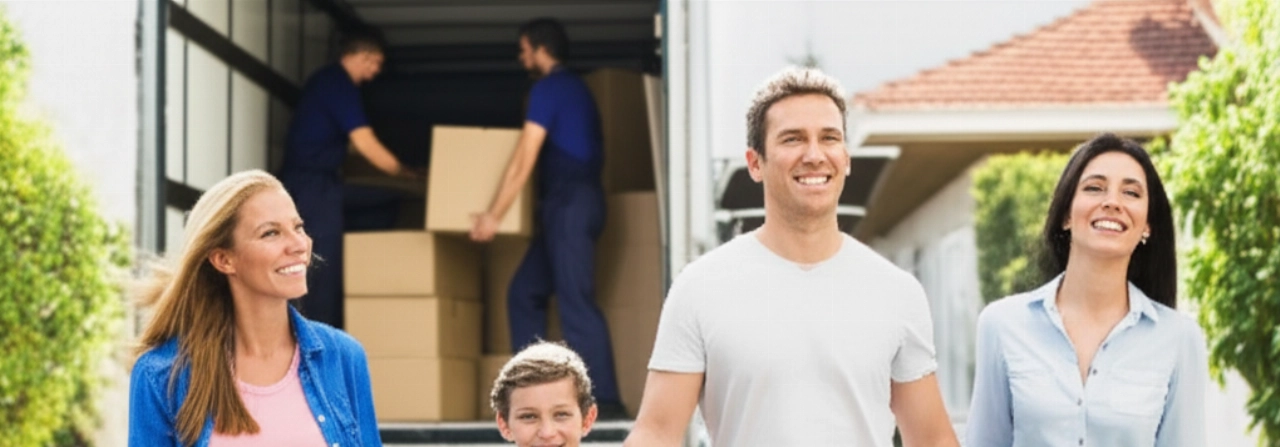 Famille caucasienne heureuse et détendue lors d'un déménagement efficace, avec des déménageurs professionnels en arrière-plan.