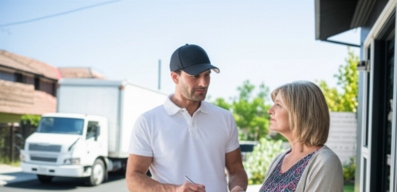 Un déménageur professionnel caucasien discute d'un devis avec une propriétaire devant un camion de déménagement.