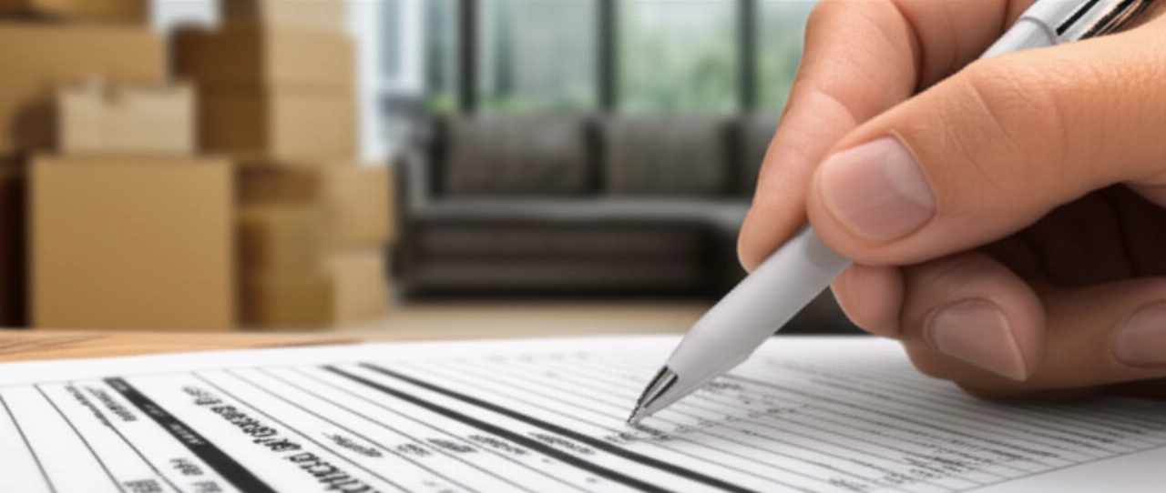 Gros plan sur des mains caucasiennes examinant un devis de déménagement avec un stylo.