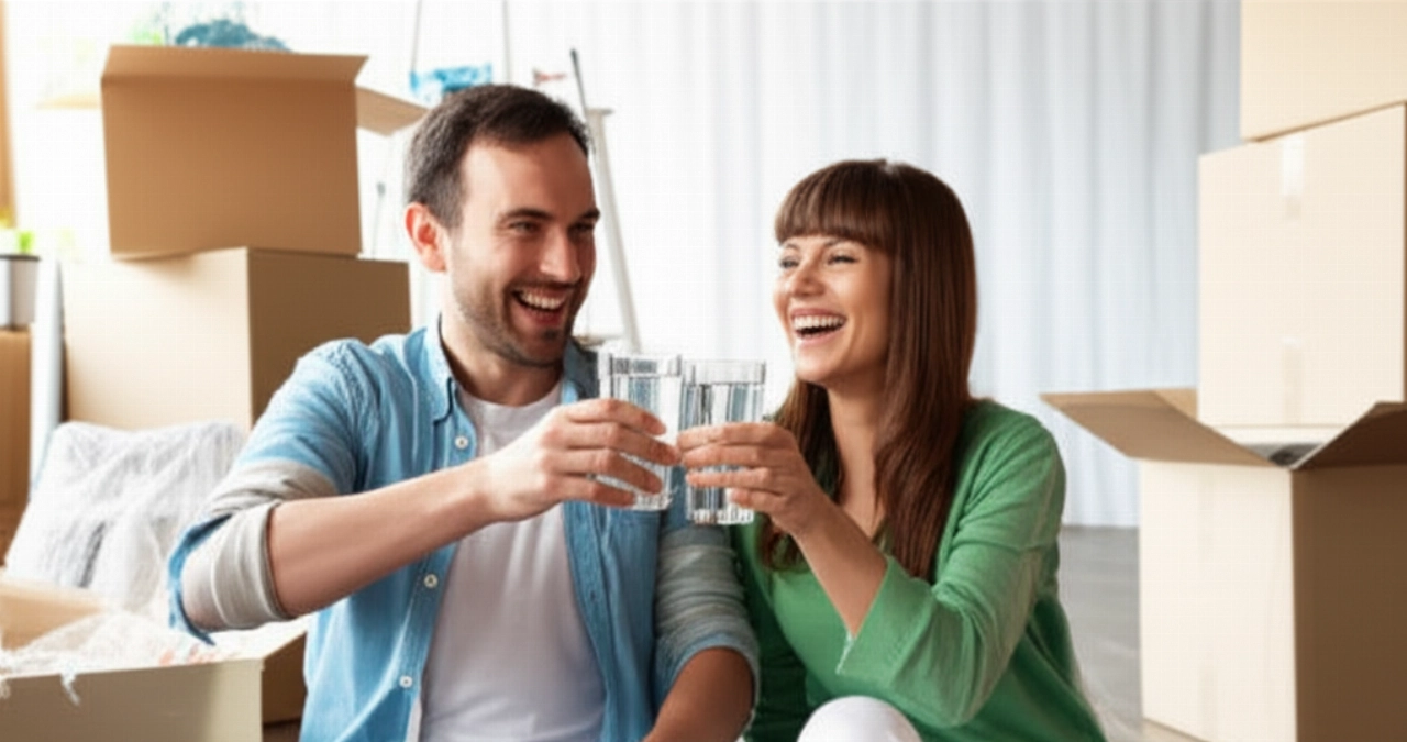 Heureux couple caucasien célébrant le succès de leur déménagement dans leur nouveau salon, avec des cartons de déménagement en arrière-plan.
