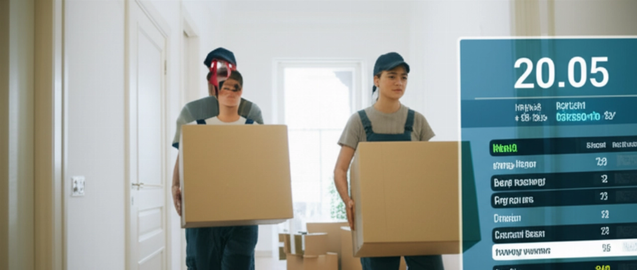 Déménageurs caucasiens professionnels transportant une boîte dans un couloir lumineux, symbolisant l'efficacité et la transparence.