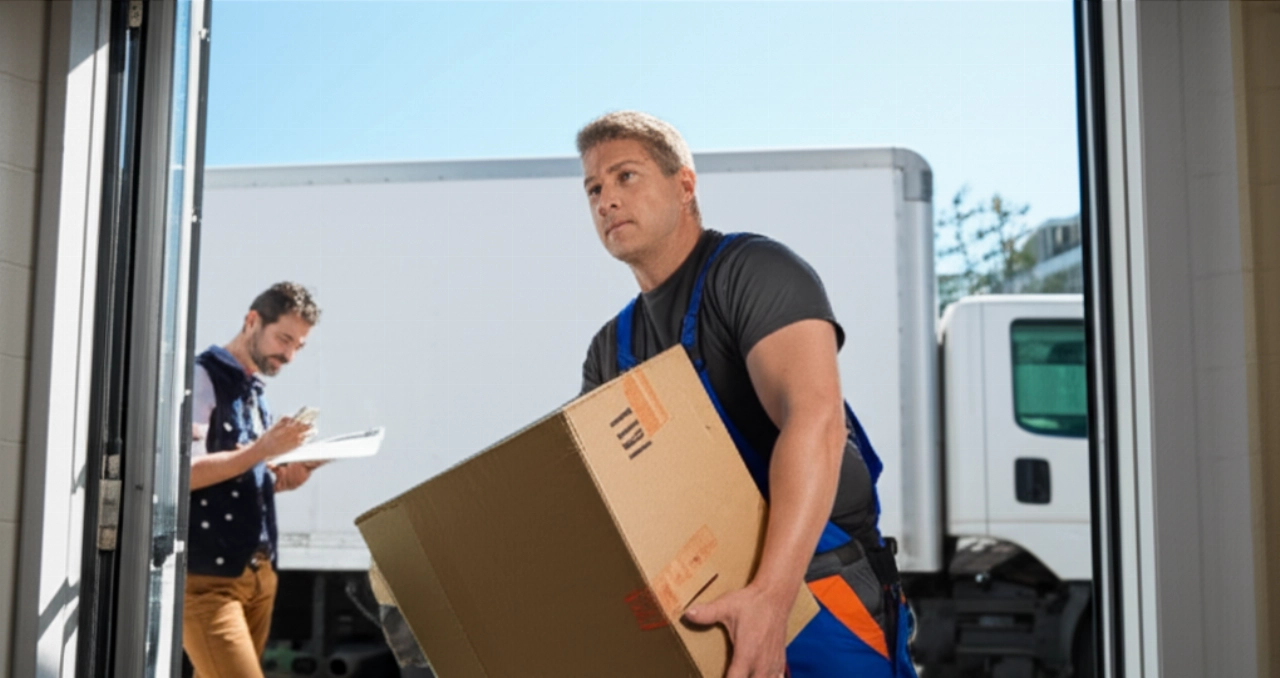 Un déménageur caucasien robuste transporte une boîte hors d'un bâtiment, avec un camion en arrière-plan, par une journée ensoleillée, symbolisant l'effort et le coût du déménagement.