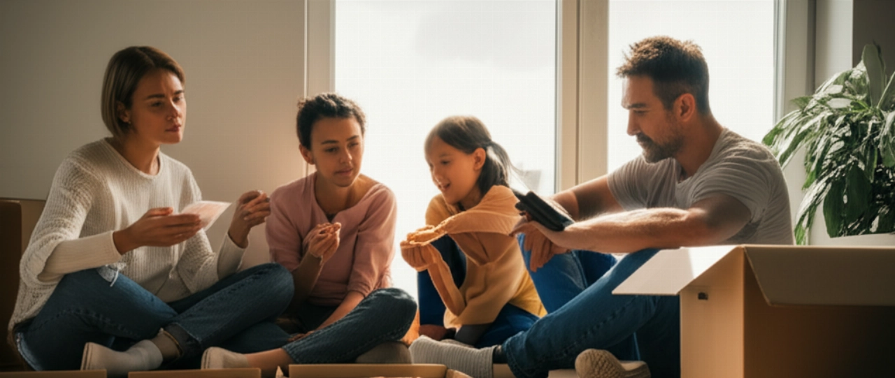 Une famille caucasienne se détend sur le sol de son nouvel appartement presque vide, inondé de lumière solaire, un moment de soulagement après le déménagement et ses dépenses.