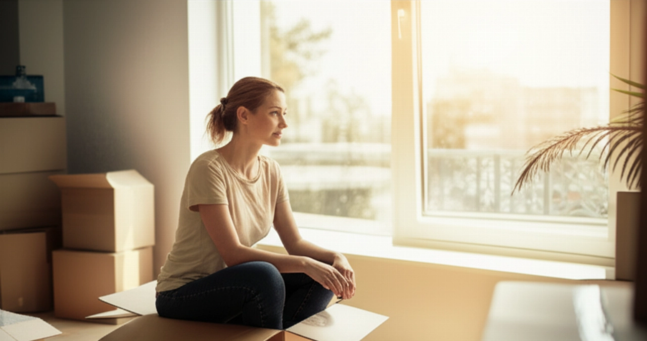 Jeune femme caucasienne assise dans un nouvel appartement, entourée de cartons de déménagement, avec une expression pensive qui reflète le coût et le début d'une nouvelle phase.
