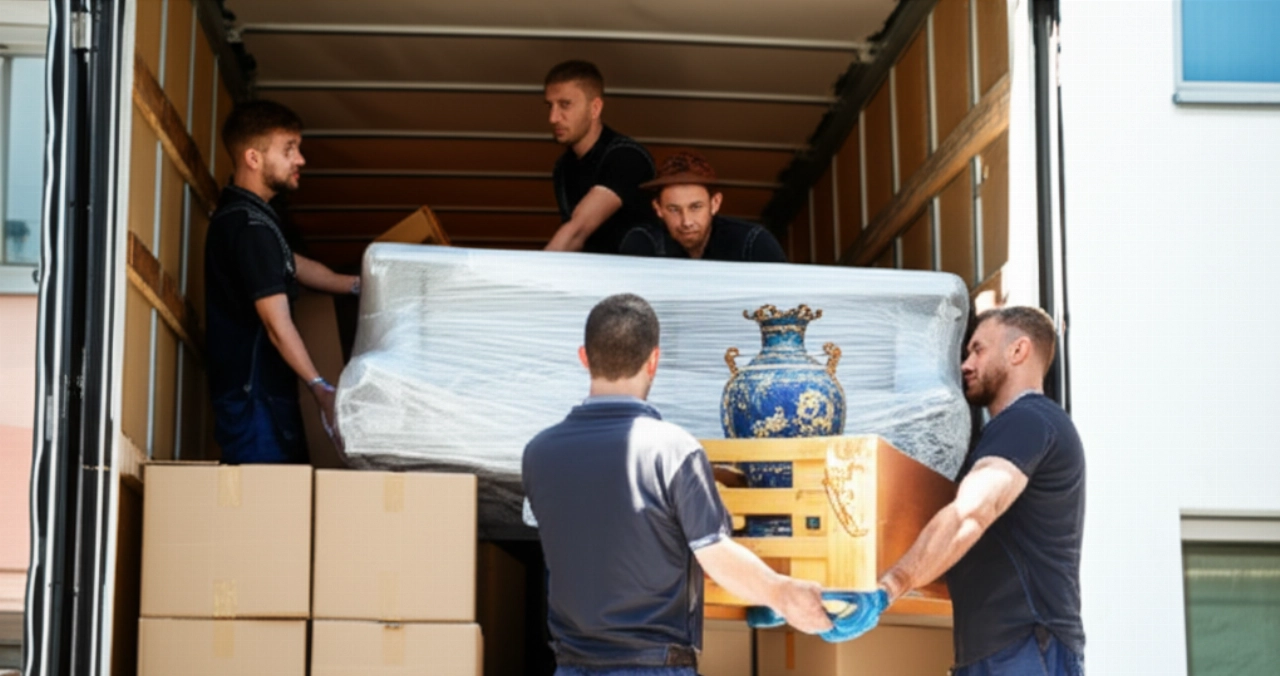Des déménageurs caucasiens professionnels chargent soigneusement divers objets, y compris des meubles et des cartons, sur un camion.