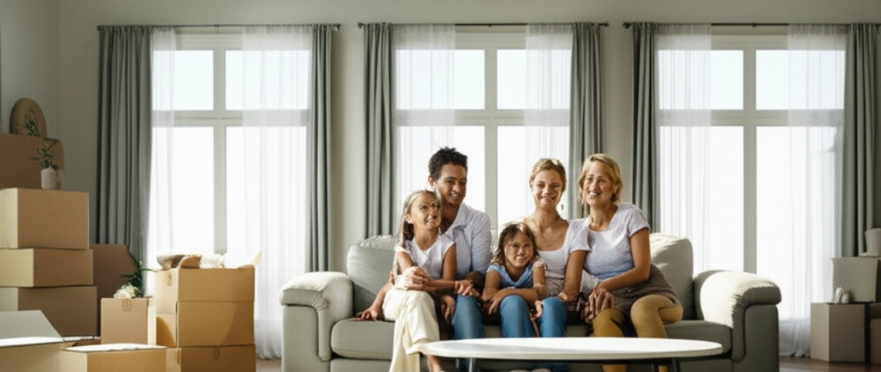 Une famille caucasienne sourit et se détend dans son nouveau salon, partiellement déballé.