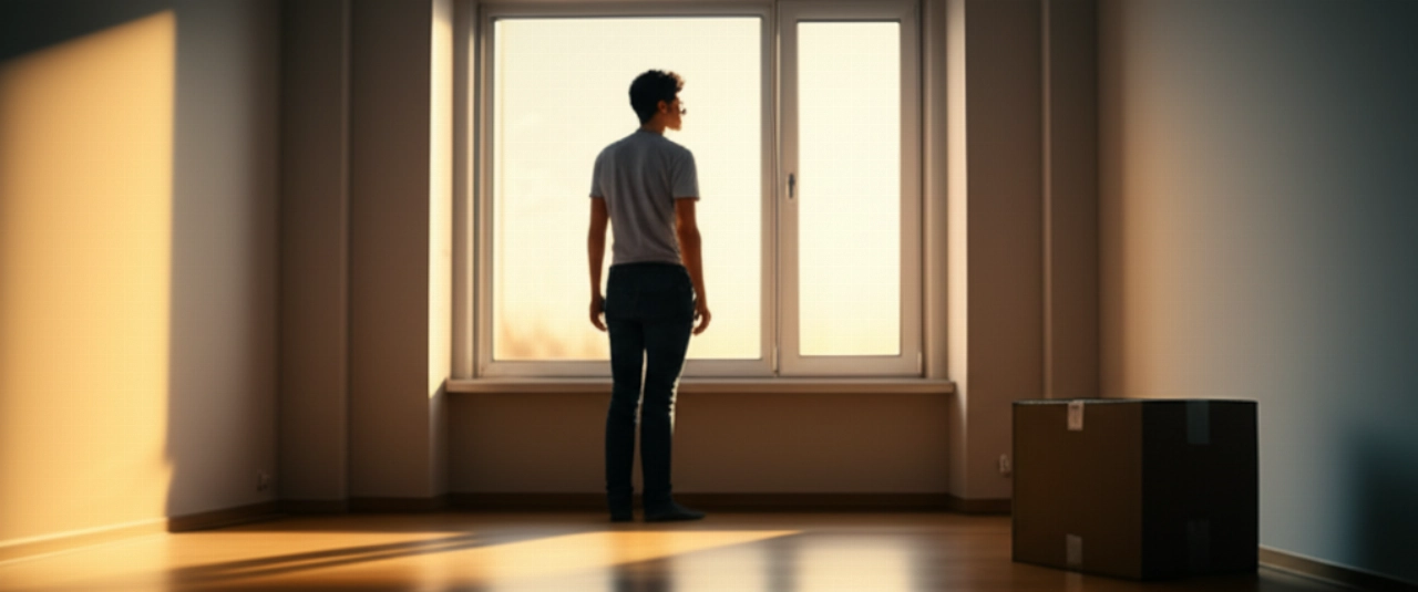 Personne caucasienne dans un appartement vide, regardant par la fenêtre, symbolisant un nouveau départ après le déménagement.