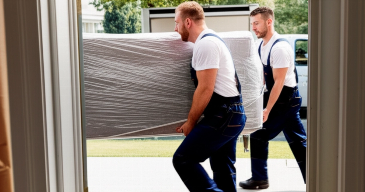 Deux déménageurs professionnels transportent un canapé hors d'une maison vers un camion.