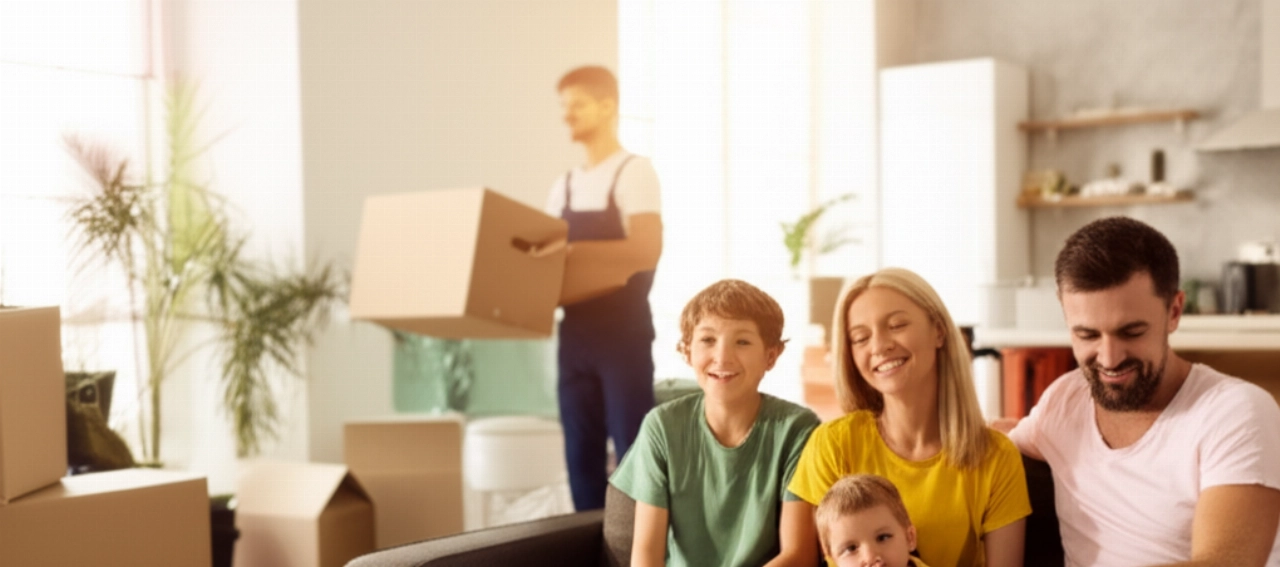 Une famille heureuse se détend dans sa nouvelle maison après un déménagement effectué par des professionnels.