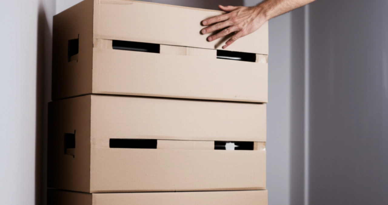 Boîtes-penderies de déménagement empilées dans un couloir propre, prêtes à l'emploi.