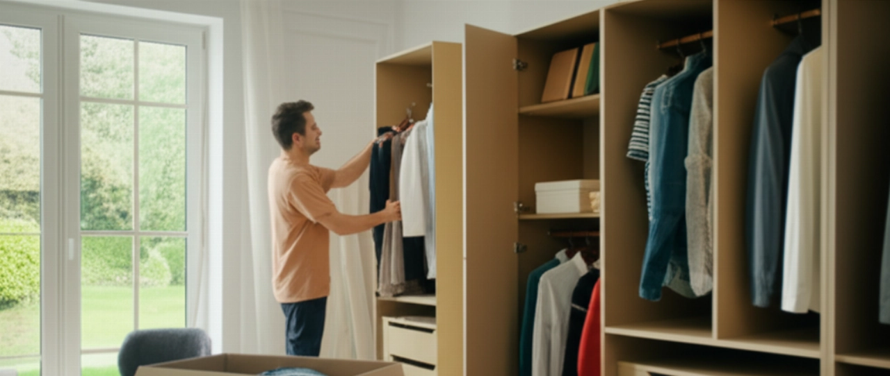 Homme satisfait transférant facilement des vêtements d'une boîte-penderie à une nouvelle armoire.
